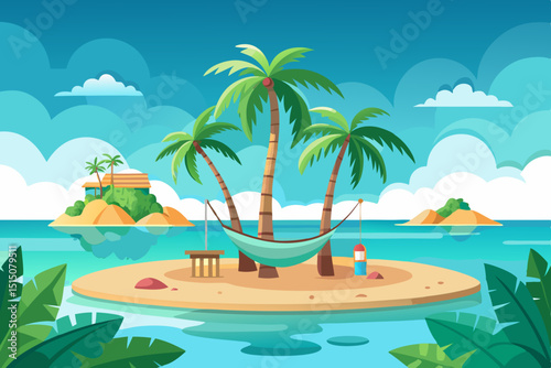 Tropical Island Paradise Vector Illustration