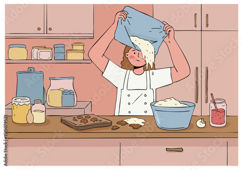 A woman playfully spills flour while baking, creating a charming, slightly chaotic kitchen scene. Soft colors and a playful illustration style.