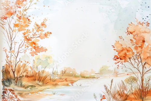 Autumn landscape with colorful trees and gentle hills at sunrise. Watercolor illustration 