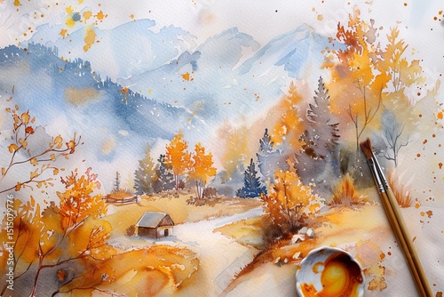 Beautiful autumn landscape with a winding path and a cozy cabin in the mountains. Watercolor illustration with paints and brush on canvas.