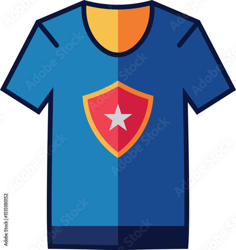 Stylish blue t-shirt with a protective shield graphic.