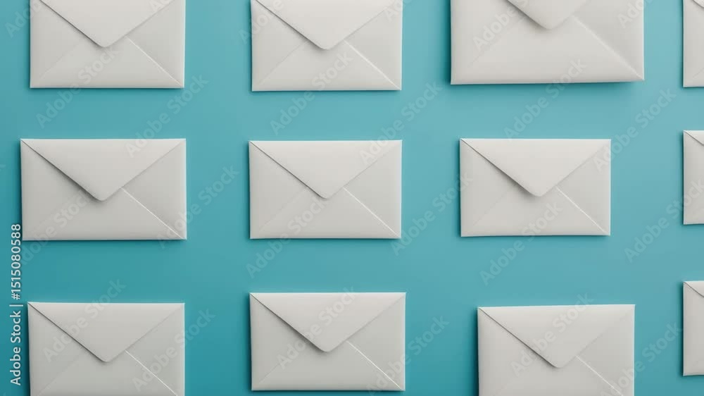 A collection of white envelopes arranged neatly on a vibrant blue background, creating a visually appealing pattern.