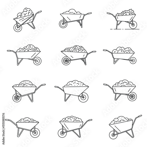 Hand Drawn Wheelbarrows with Soil - Gardening and Construction Outline Vector Icons