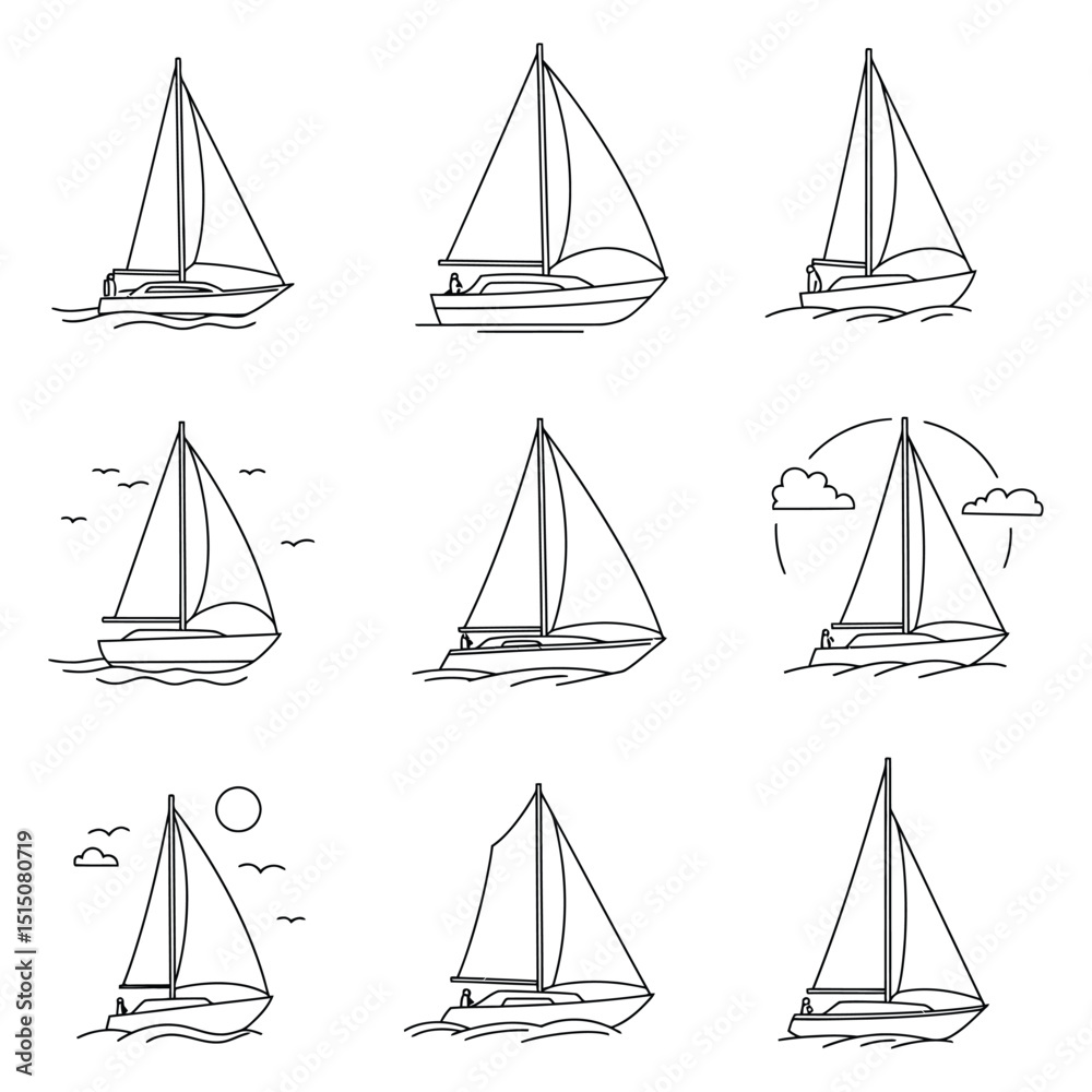 Samolepka Outline Sailboats Doodles - Nautical and Marine Watercraft Line Art Vector Icons