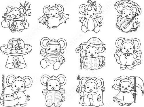 Outline of Cute Monkey icon. Lineart of Funny baby Monkey animal series stock illustration.