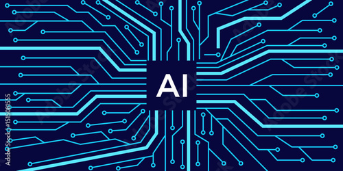 Abstract AI concept. Blue circuit board pattern with connecting lines and nodes, central AI text. Represents technology, innovation, and artificial intelligence.