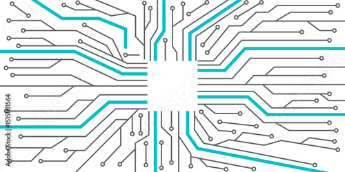 Abstract image of a circuit board with grey and teal lines, nodes, and pathways. Represents technology, network connections, and digital systems. Clean, modern Background design.