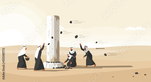 Stoning the Jamarat: Hajj Pilgrimage Ritual Illustration