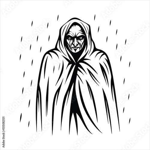Vampire standing in rain  soaked cloak  intense