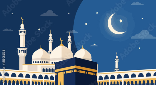Islamic Celebration: Mosque, Kaaba, Crescent Moon Vector Illustration