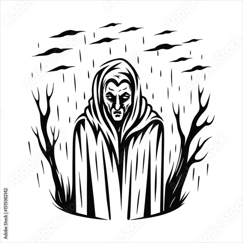 Vampire standing in rain  soaked cloak  intense