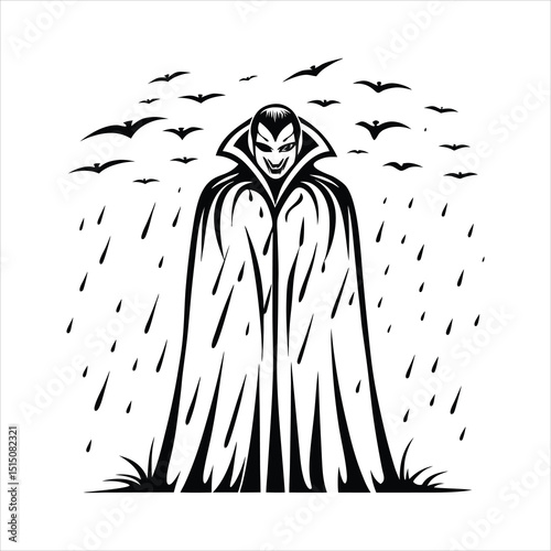 Vampire standing in rain  soaked cloak  intense