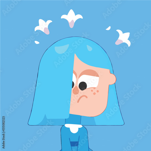Vector art of Cartoon girl with blue hair looking sad and thoughtful