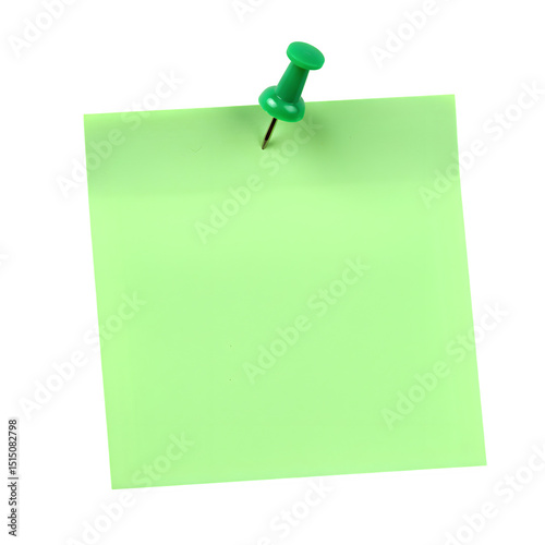 Green blank sticky post it note with green pushpin, isolated on white or transparent background. PNG