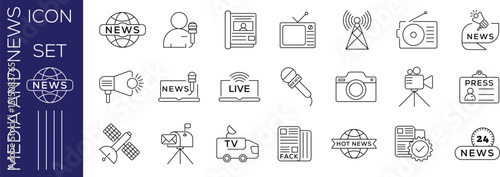 Collection of linear icons related to media and journalism 