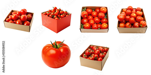 Collection of Fresh Red Tomatoes in Various Cardboard Boxes with a Large Single Tomato Centered in the Display on a transparent Background