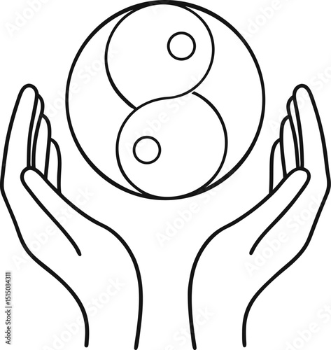 Yin Yang Balance with Hands  Outline Vector illustration  on white background