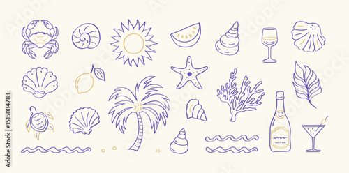 Minimalist summer doodle set with seashells, crab, turtle, lemon, palm trees, cocktails, champagne, sun, waves, palm leaf and sea elements. Perfect for beach parties, holidays, and ocean-themed vibes.