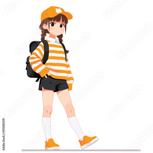 Vector art of Anime girl with backpack isolated on white background
