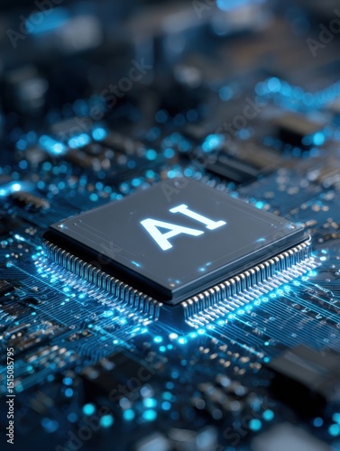 An advanced microchip featuring AI is positioned prominently on a circuit board. The chip is illuminated with a blue glow, highlighting connections and technological sophistication