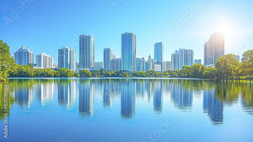 city skyline is reflected in calm water, showcasing vibrant urban landscape