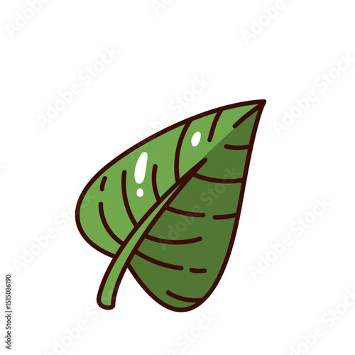 Single green leaf with dark veins and curved shape, featuring glossy highlights. Simple groovy cartoon doodle style. Vector illustration for eco design, logos, or farm elements.