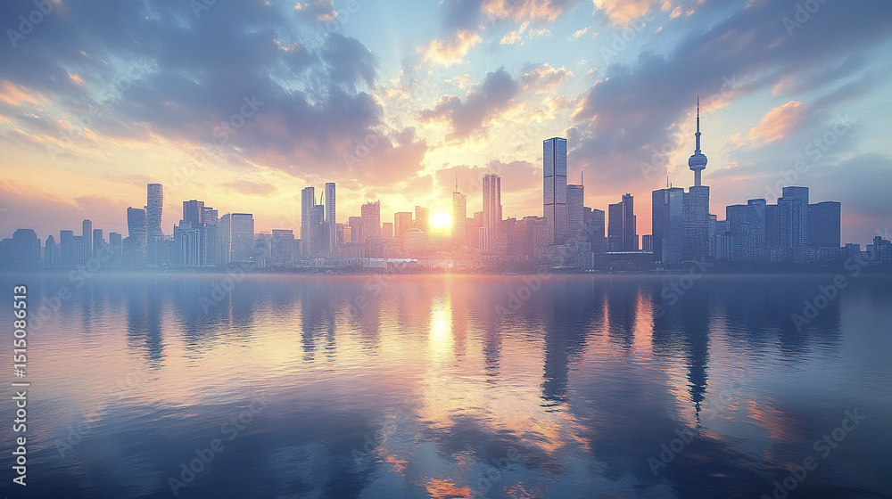 Fototapeta premium stunning city skyline at sunset, featuring tall buildings and river reflecting vibrant colors