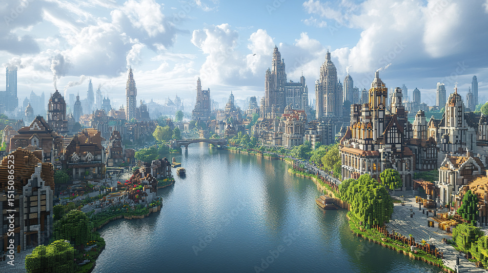 Obraz premium stunning city skyline featuring tall buildings and river, showcasing vibrant architecture