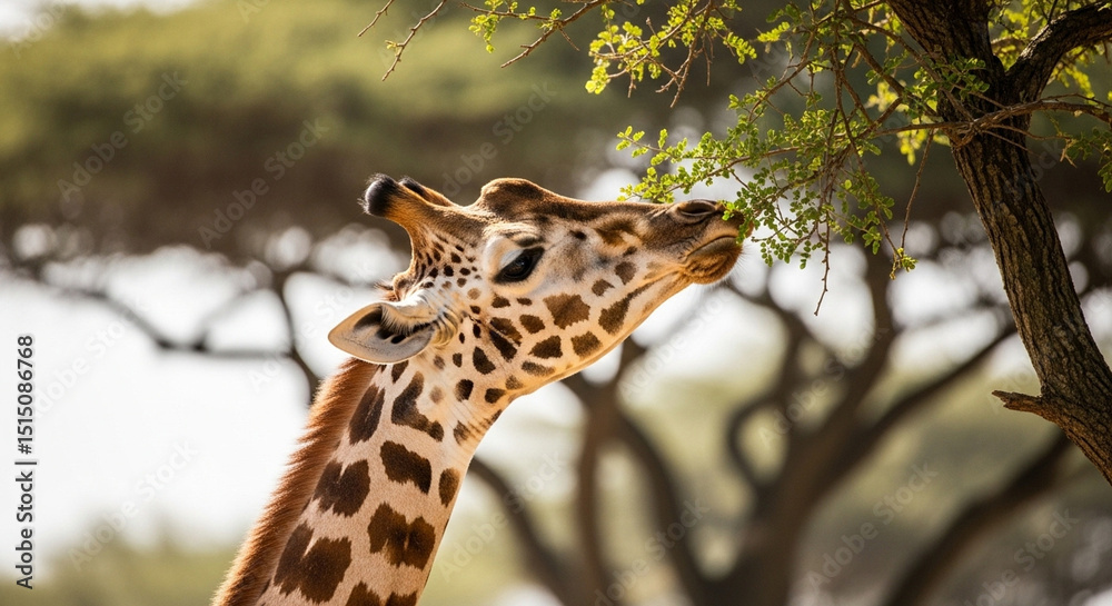 Obraz premium Giraffe Reaching for Leaves A Close-Up in African Savanna