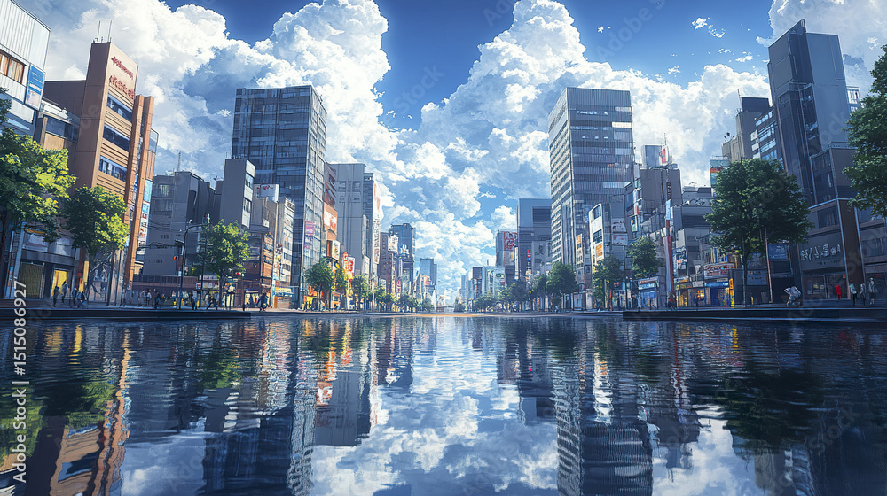 Obraz premium vibrant cityscape with tall buildings reflecting in calm river under bright sky