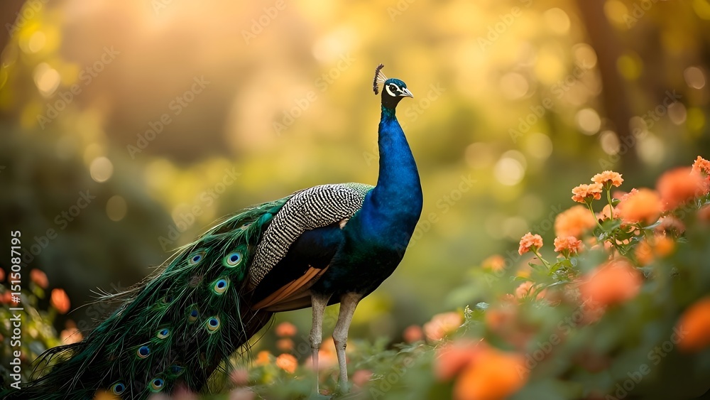 Obraz premium Majestic Full-Body Peacock in Sunlit Garden