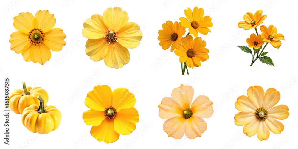 Obraz premium Collection of Yellow Flowers and Decorative Gourds Featuring Varied Blossoms Against a transparent Background Highlighting Bright Petals and Unique Forms