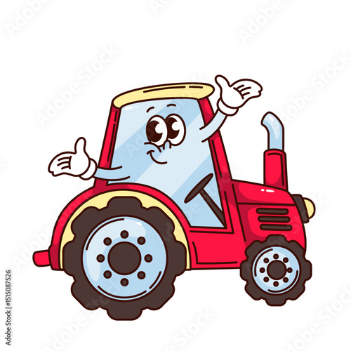 Smiling red farm tractor with expressive eyes and waving hands in gloves. Fun groovy cartoon doodle style. Vector illustration for kids designs, stickers, or farming projects.
