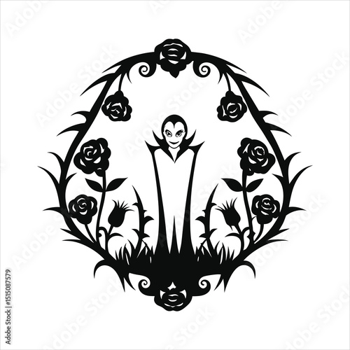 Vampire surrounded by black roses baroque frame