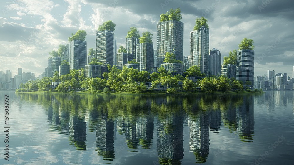 Naklejka premium futuristic vision of green city with modern buildings and lush greenery reflecting in water