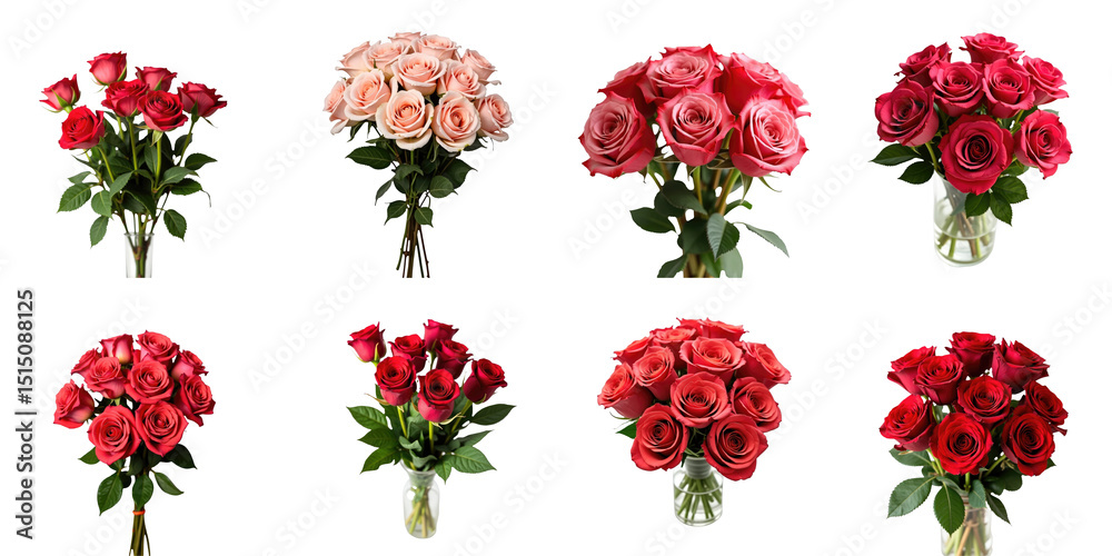 Collection of Beautiful Rose Bouquets in Various Shades of Red and Pink Arranged in Glass Vases on a transparent Background, Showcasing Different Floral Styles and Compositions Collection of Beautiful Rose Bouquets in Various Shades of Red and Pink Arranged in Glass Vases on a transparent Background, Showcasing Different Floral Styles and Compositions