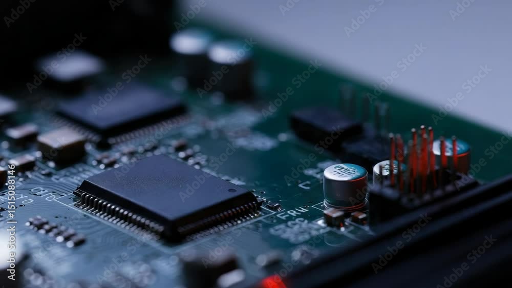 Close-up of electronic circuit board, displaying intricate components and microchip