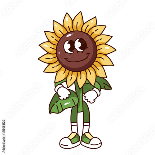 Smiling sunflower character with big brown face and yellow petals, standing upright with green stem legs and white gloves. Groovy cartoon doodle style for farm design. Vector illustration.