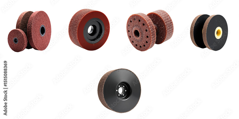 Fototapeta premium Collection of Abrasive Discs Featuring Various Shapes and Sizes with a Distinctive Red, transparent, and Yellow Color Palette on a transparent Background