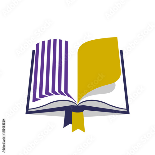 Open book with colorful pages and bookmark in flat design  