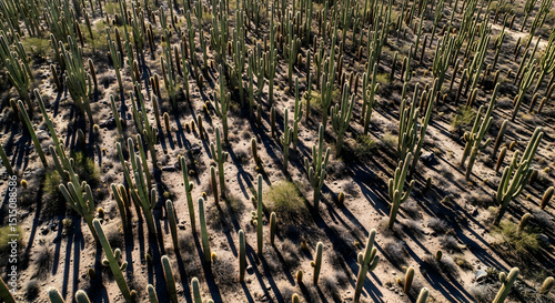 Arizona's Saguaro Landscape: Towering Cacti With Interplay Of Light And Shadows