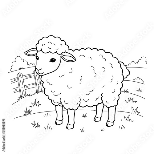 Cartoon sheep standing in a grassy field near a wooden fence  