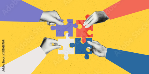 Trendy halftone collage of business concept. Teamwork, partnership and collaboration. Four diverse hands connecting jigsaw puzzle together. Modern retro mixed media vector illustration