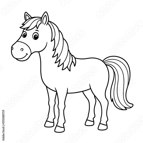 Cartoon pony illustration in outline style for coloring activity  