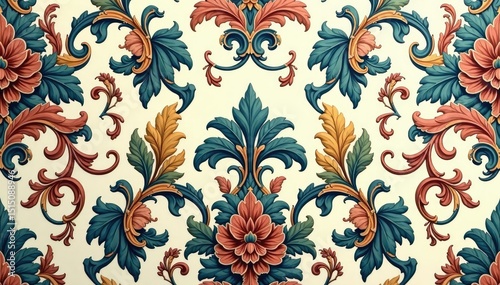 Classic damask wallpaper featuring swirling acanthus leaves , motif, leaf
