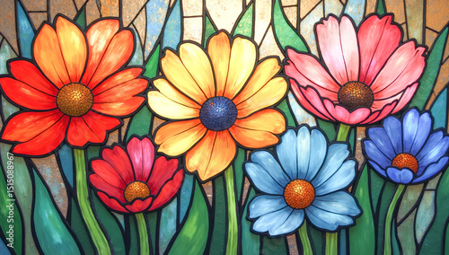 stained glass window with multicolored flowers