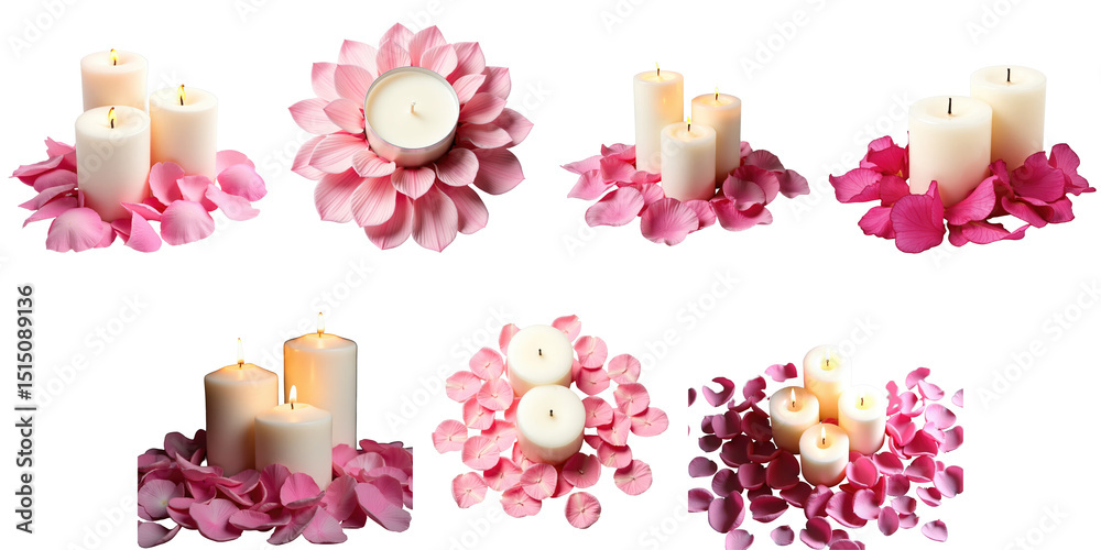 Φωτογραφία Elegant candle arrangement featuring various styles of white candles surrounded by pink flower petals on a transparent background, perfect for romantic or serene settings