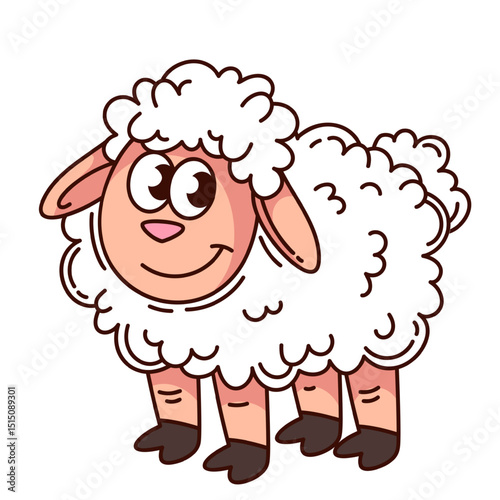 Smiling fluffy sheep with white wool and big eyes, standing on four legs. Groovy cartoon doodle style with bold lines and simple shapes. Farm animal for kids design. Vector illustration.