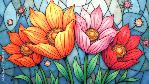 stained glass window with multicolored flowers