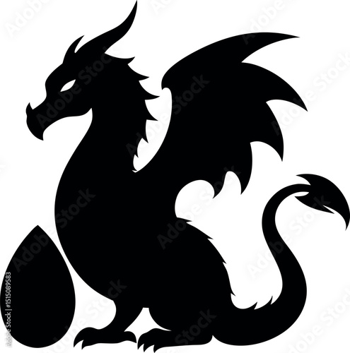 A black dragon , is silhouetted against a white background. 
